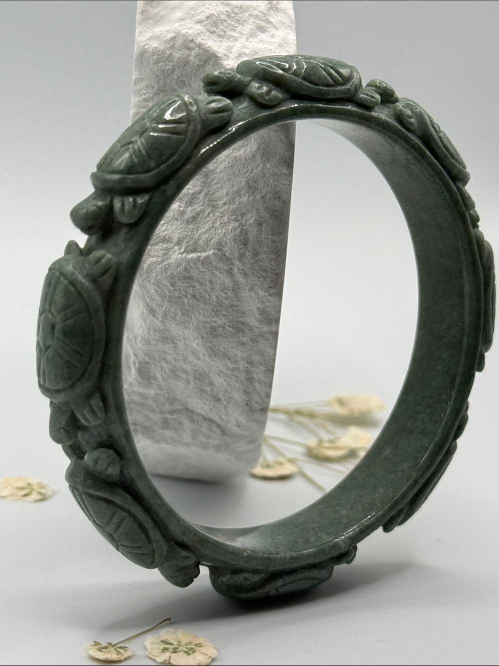 Hand-Carved Green Jade Turtle Bangle Bracelet